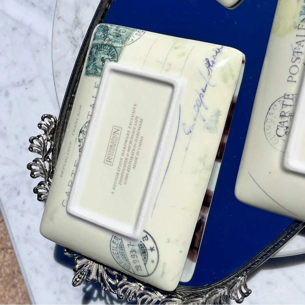 Restoration Hardware Vintage Parisian-themed Postcard Plates Trinket Trays Set 3